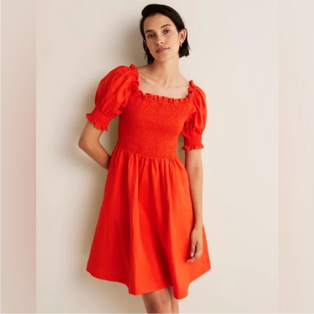 Boden Coral A-Line Puff Sleeve and Smocked Linen Sundress